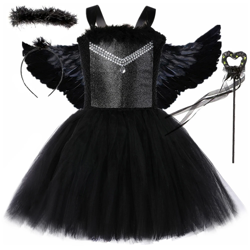 

Black Fallen Dark Angel Costume for Girls Princess Fairy Tutu Dress with Wings Halo Wand Halloween Carnival Party Dress Up