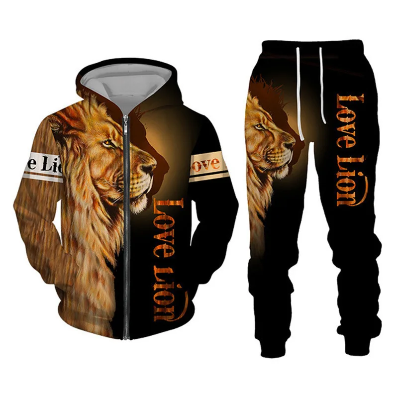 Herren Reißverschluss-Hoodie Trainingsanzug mit 3D-Grafikdruck Löwenkönig Langarm-Sweatshirt Jogginghose Locker Sitzend Herbst Winter Hip-Hop Alltagskleidung – Detail 11