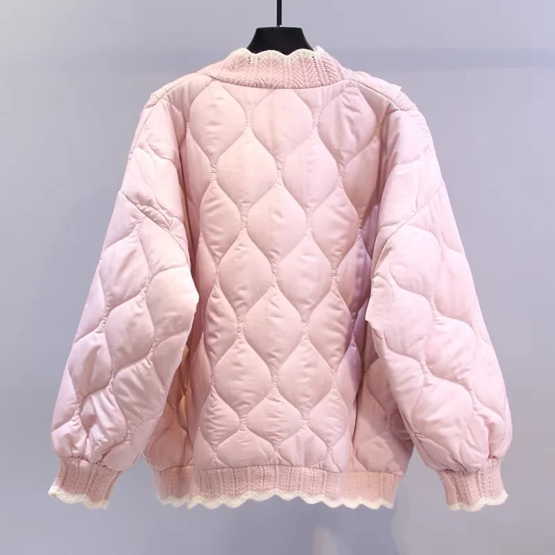 Wooden Fungus Edge Knitted Patchwork Cotton Jacket Women 2024 New Loose Thickened Sweet Pink Parkas