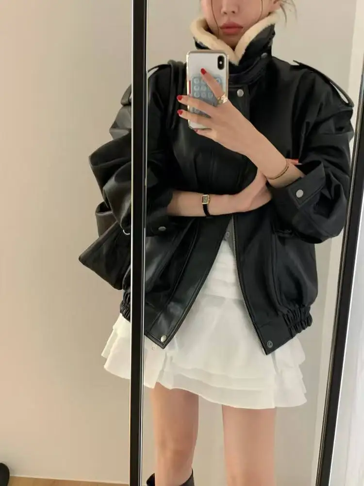 Hong Kong Sle Thiened Fce Lined PU Leather Jaet Women's Winter ort Biker Coat Fluffy ort Padded Motorcycle Jaet