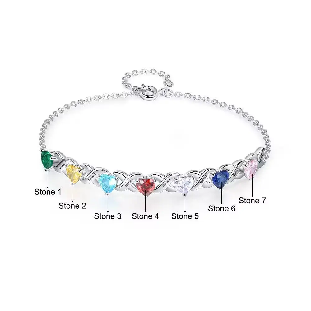 

Personalized Custom Name Heart Bracelet with 2-7 Birthstone Engraved Family Name Link Bracelets for Mother's Day Valentine's Day