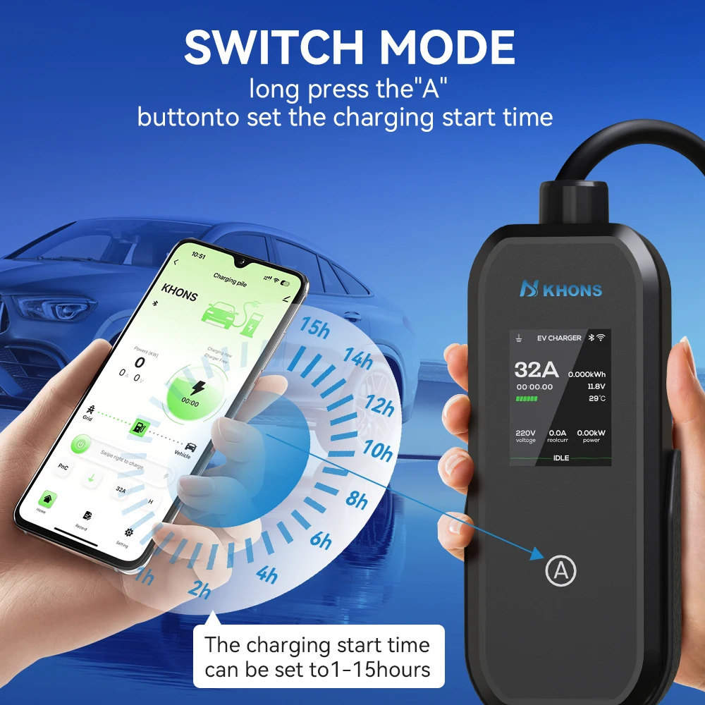 Khons 7kW Type2 EV Charger 32A Portable EVSE Wallbox EV Charging Station with APP Control 5m Cable for Electric Vehicle Car view 5