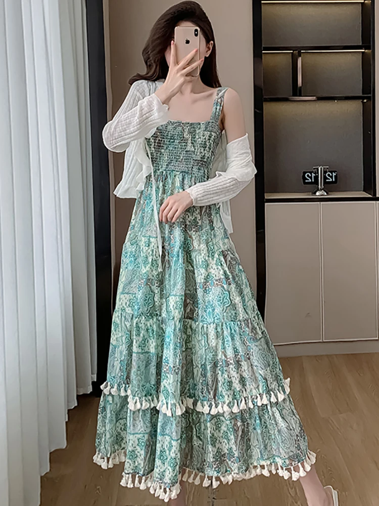 Women Green Print Tassel Chic Sling Long Dress+White Knitted Cardigan Two Piece Sets 2024 Summer New Korean Elegant Dress Suits