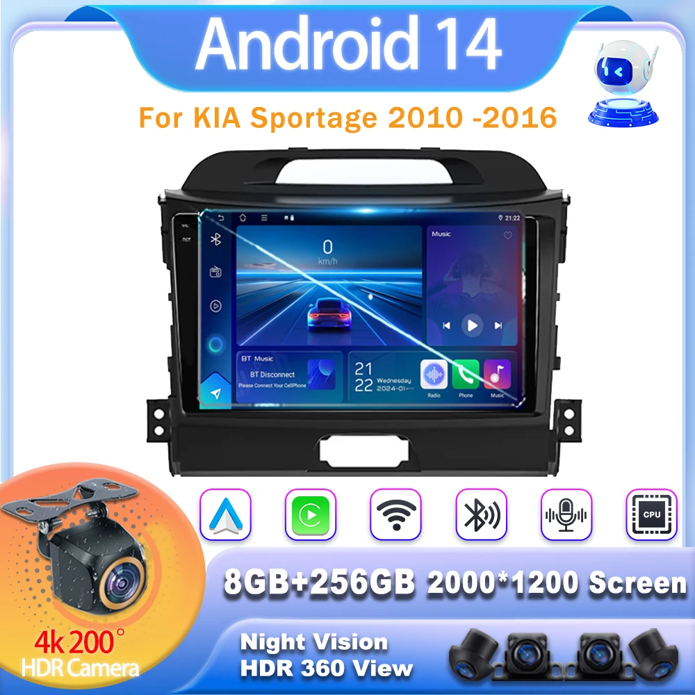 

For KIA Sportage 2010 2011 2012 2013 2014 2015 2016 Android 14 Wireless Carplay Multimidia Video Player Navigation GPS Navi WiFi