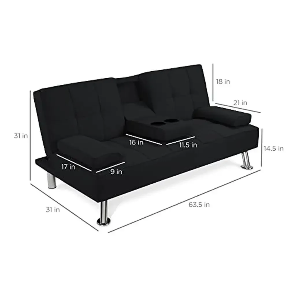 Modern Linen Folding Futon Sofa Bed with Removable Armrests 3 Adjustable Positions 2 Cupholders 500lb Weight Limit Black Perfect