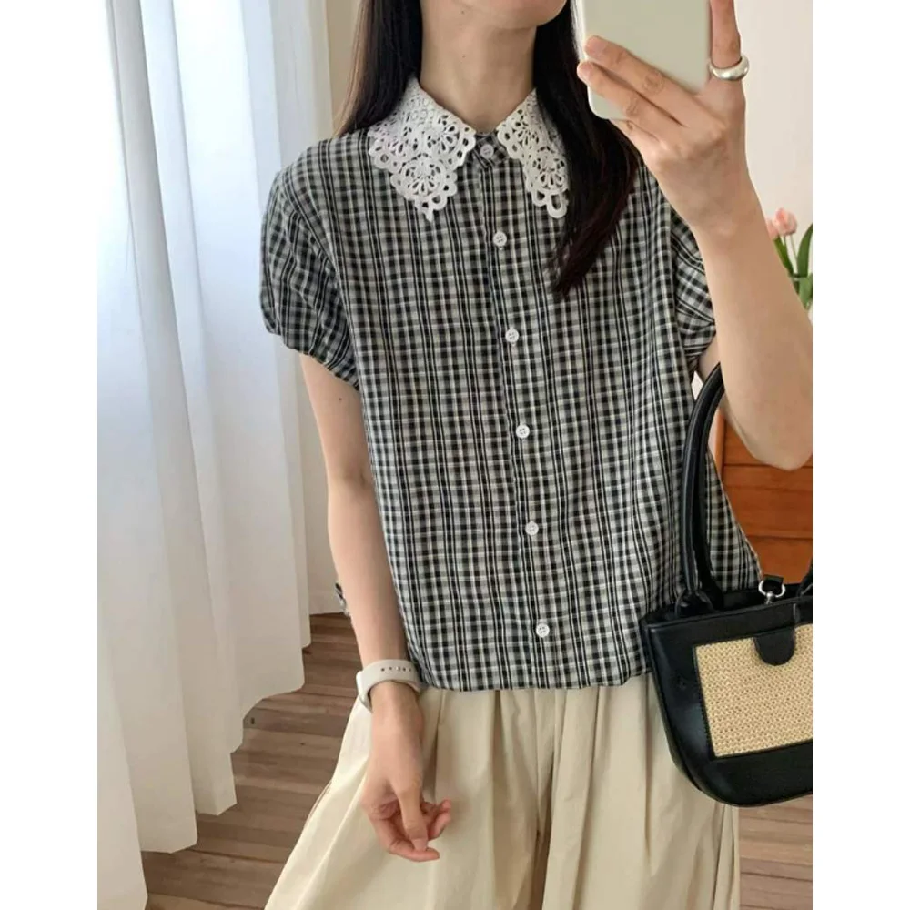 

Japanese Mori Girl Vintage Plaid Lace Patchwork Cotton Shirts Women Summer Short Sleeve Casual Loose Blouse Tops
