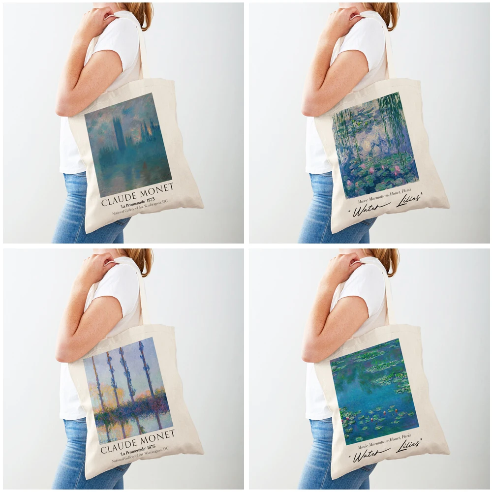 Claude Monet Exhibition Watercolor Travel Tote Lady Handbag Shopper Supermarket Bag Casual Canvas Eco Women Shopping Bags