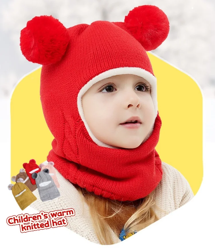 

2-7Y Kids 3in1 Fleece Lined Knit Hat Scarf Mask Set Young Children Warm Winter Windproof Outdoor Accessory Boys Girls Hat