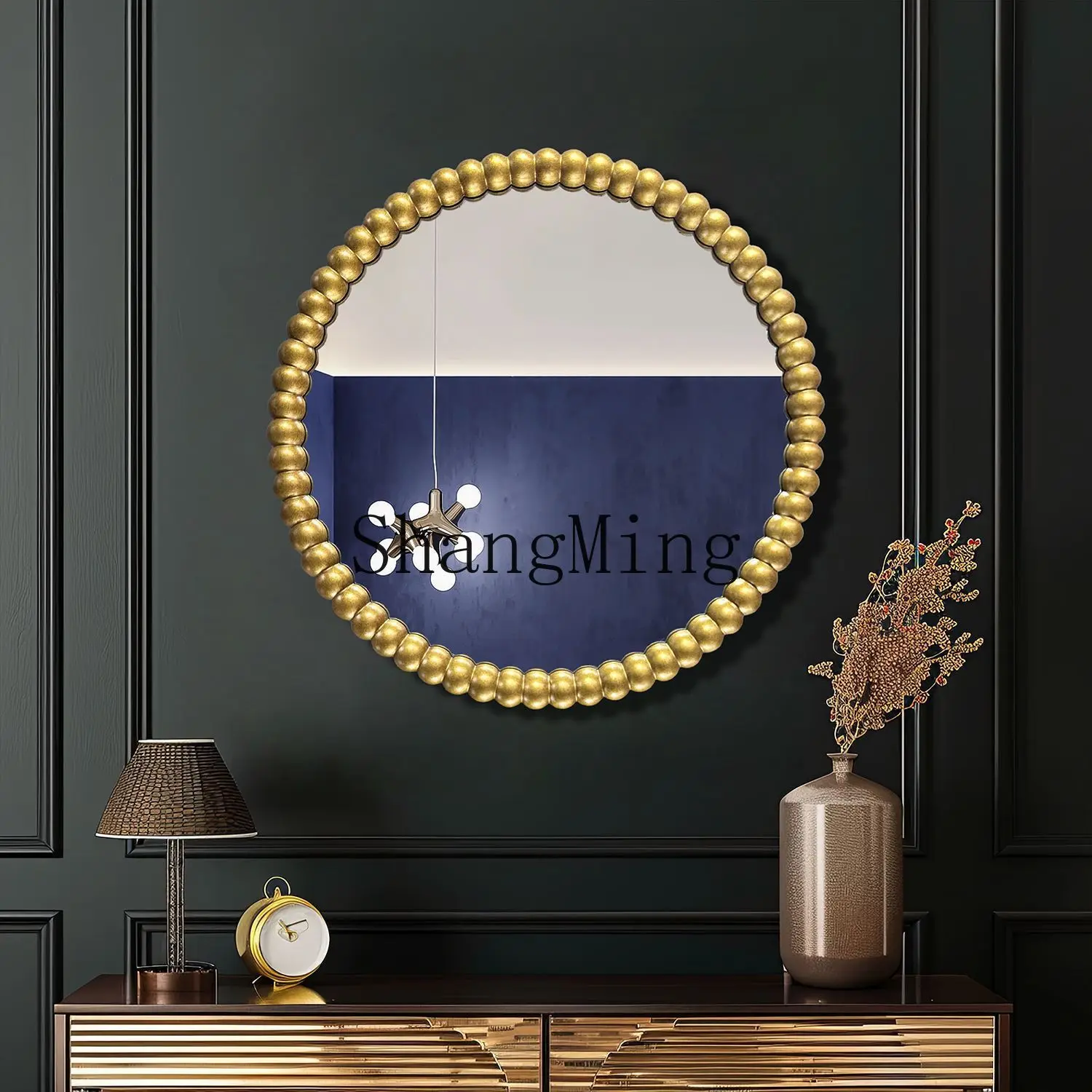 FGgood-looking  Retro Style Pearl Round Bathroom Mirror for Home Entrance Living Room Bedroom Wall-Mounted Decorative Mirror