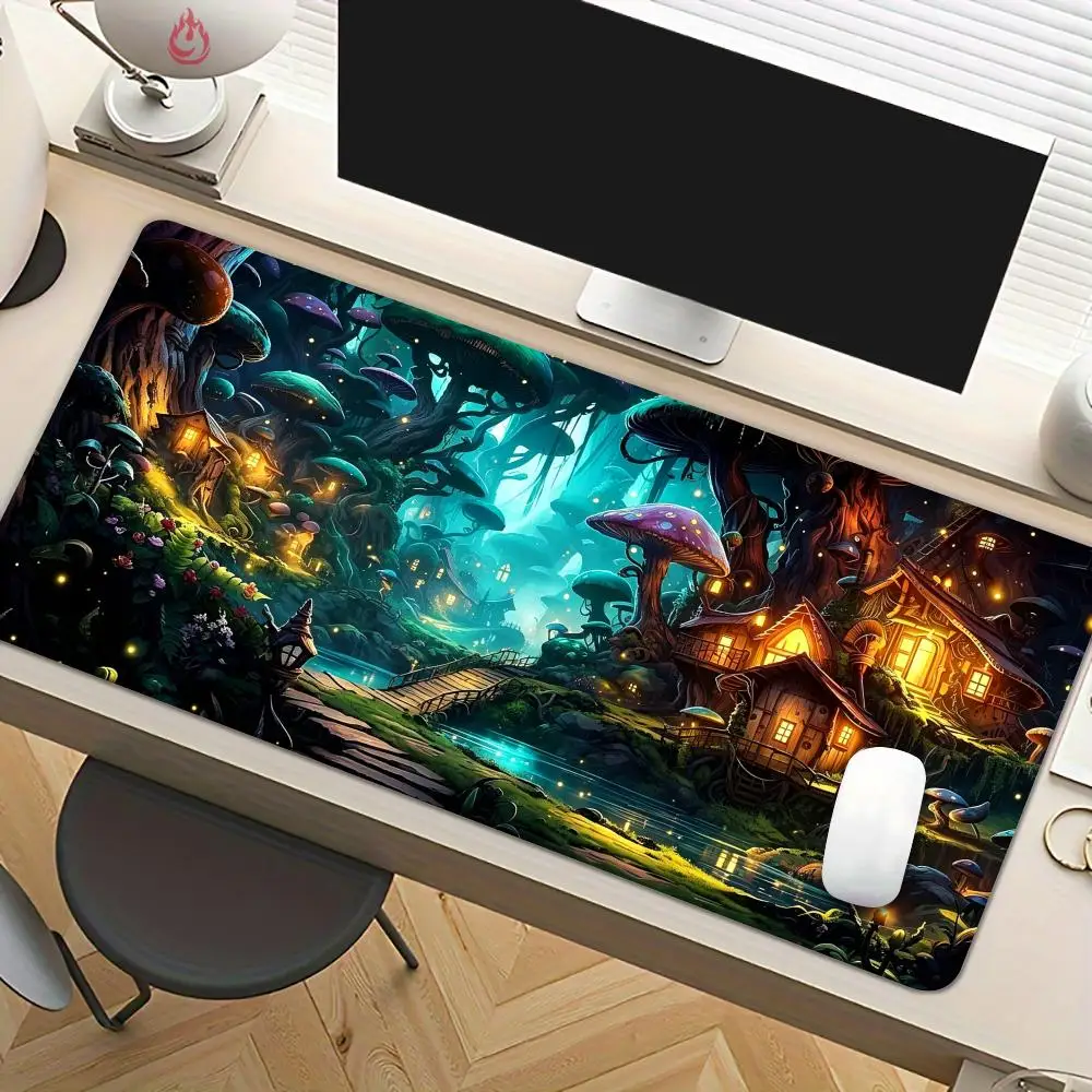 Mysterious Forest Mushroom House Mouse Pad Desk Mat Large Office Carpet XXL Mousepad Gamer Gaming PC Accessories Keyboard Rug