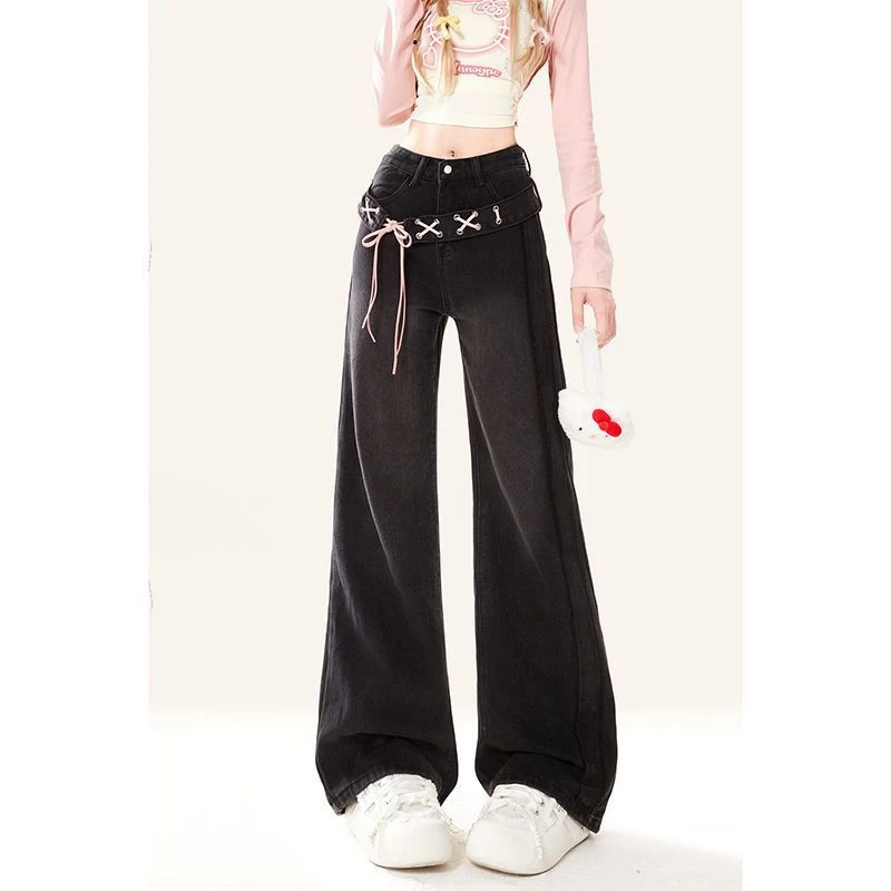 

Women's Lace Up Bow Design Baggy Black Jeans Cool Girl Wide Leg Vintage Pants Female Casual High Waist Denim Trousers