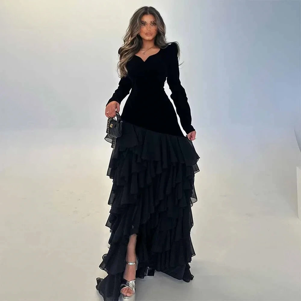 Vestidos de Noche negros, mangas largas, escote corazón, línea A, vestido de noche con volantes escalonados, elegante vestido largo de graduación personalizado