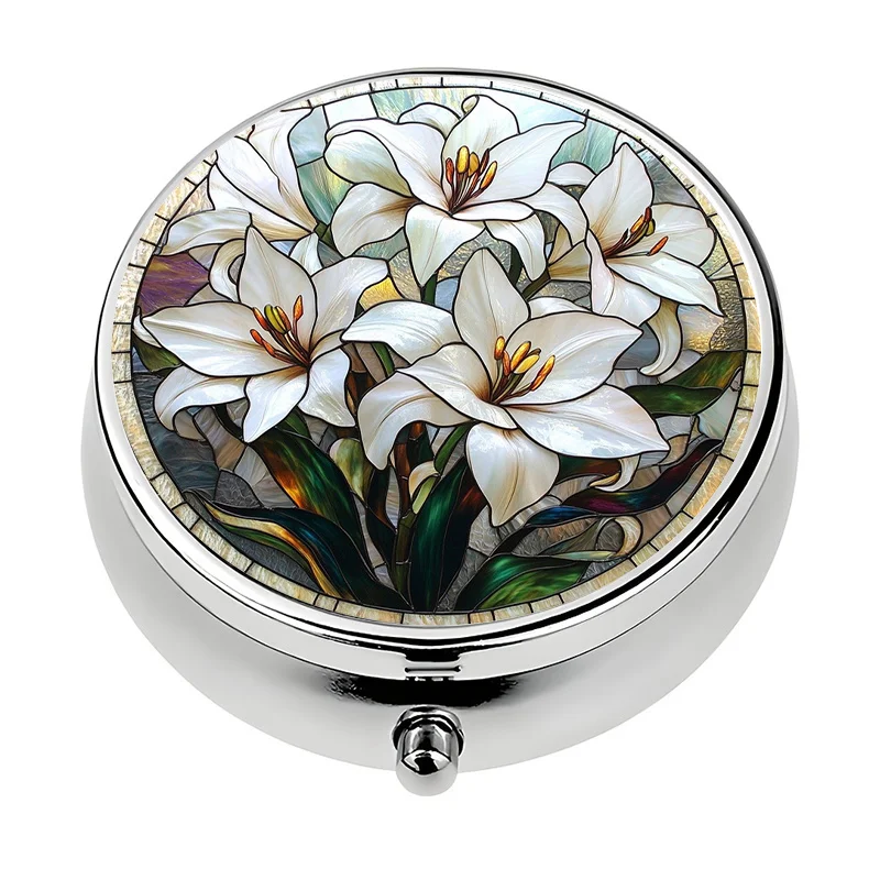 Single-Layer Wallet-Sized Pill Organizer, Three-Compartment Design, with Floral Lily Pattern, Perfect for Storing Vitamins. It Is a Great Addition to Your Wallet and a Unique Gift.