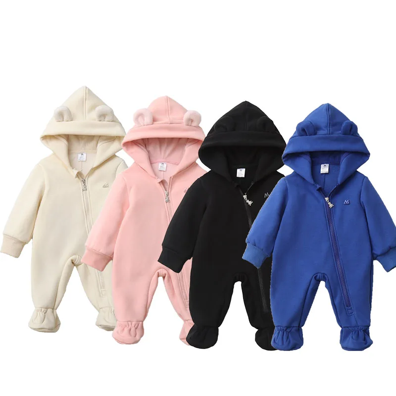 2025 Infant Baby Solid Romper Newborn Cute Bear bodysuit Cotton Fleece Hooded Jumpsuit Warm clothing For boys girls 0-24M