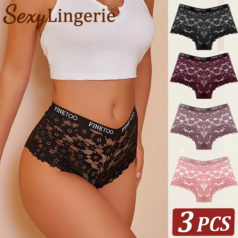 3 uds Boxers sexis de encaje sin costuras para mujer, ropa interior femenina transpirable de cintura baja, ropa interior íntima de Color sólido suave, lencería elástica alta S—XL