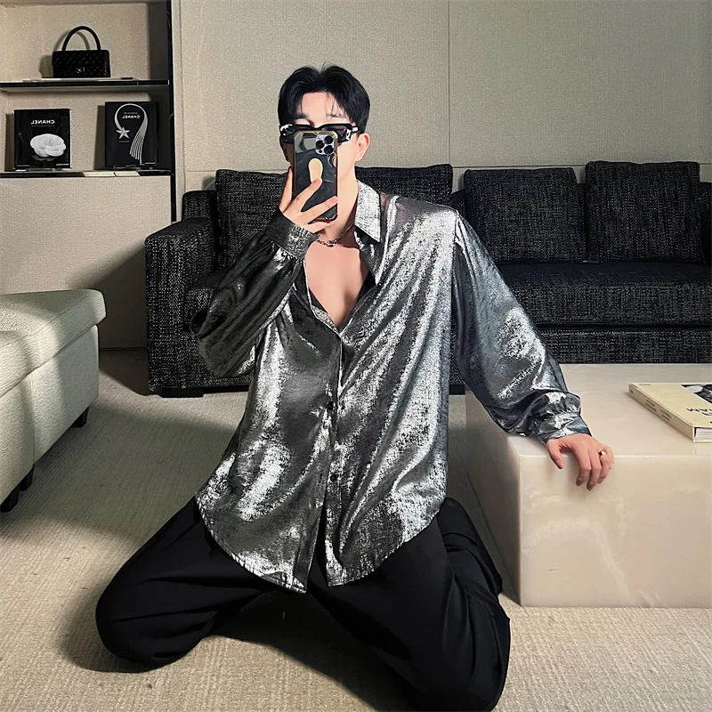 

Светоотражающая поляризованная рубашка с длинными рукавами унисекс, одежда для выступлений на сцене, одежда для ночного клуба, молодежная модная одежда свободного кроя с принтом, на все сезоны