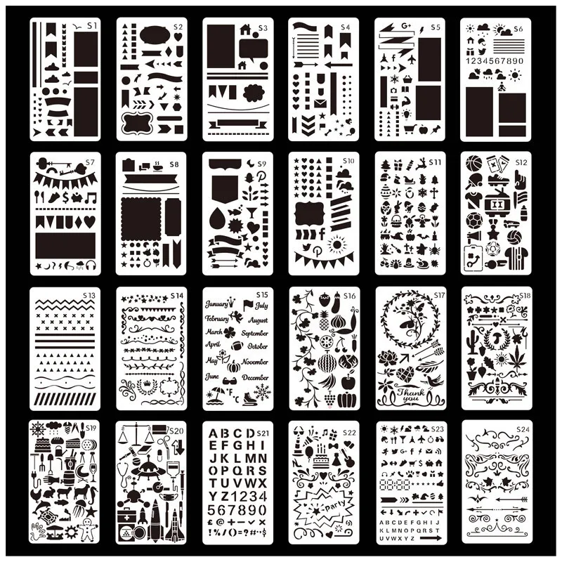 24pcs  Hollow Drawing Template Journal Stencil Set A6 Plastic Planner DIY  Diary Decor Craft Stationery School Office Supplies