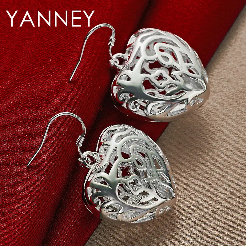 

Fashion New 925 Sterling Silver 40MM Exquisite Hollow Heart Earrings For Charm Wedding Femininity Jewelry Accessories