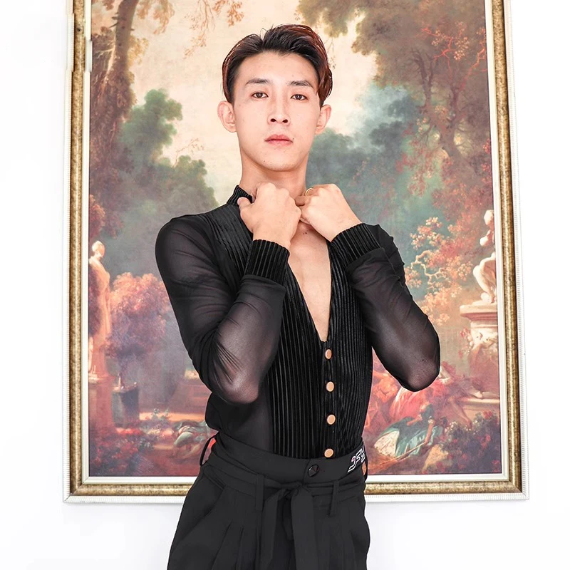 V Heren Latin Dans Shirt Glanzende Strass Dans Shirt Met Lange Mouwen Professionele Ballroom Latin Tango Rumba Competitie Shirts