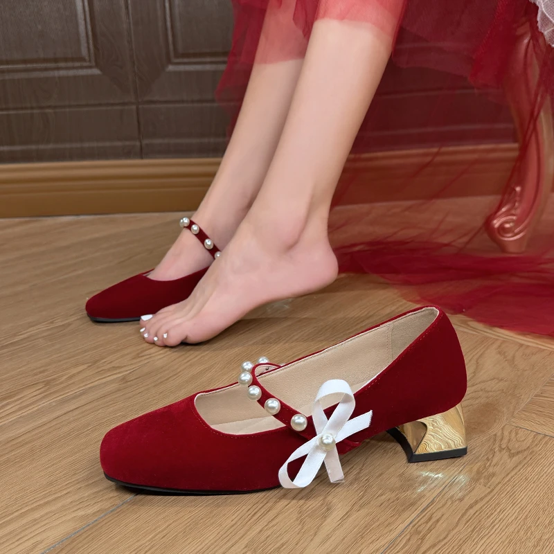 

Women's Square Toe Shallow Mouth High Heels Pearl Bow One Strap Non-Slip Wear-Resistant Block Heel Single Shoes