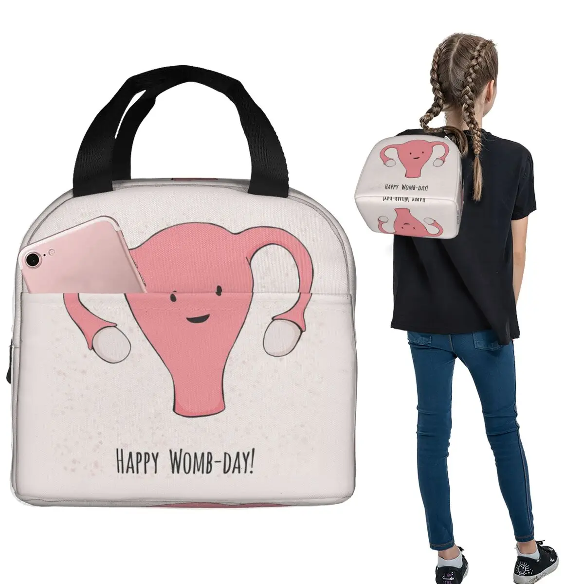 Patterned Happy Uterus In Pink Insulated Lunch Bag for Women Children Leakproof Food Boxes Thermal Lunch Box Tote