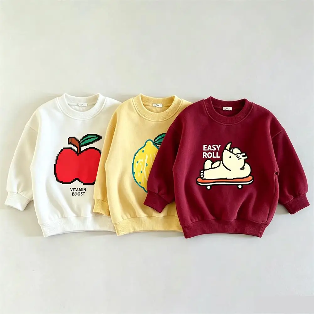 Weiß-gelb-rotes Sweatshirt für Kinder, langärmelige Oberteile, neues Design, hübscher bedruckter Kapuzenpullover, lockere Freizeitkleidung für Kleinkinder und Jungen