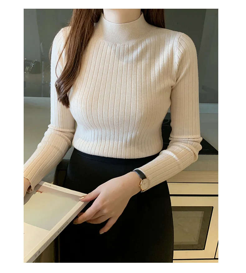 

Autumn Winter Mock Neck Women Sweater Vintage Basic Solid Knitted Korean Tops Casual Slim Pullover Sweaters Simple Chic Jumpers