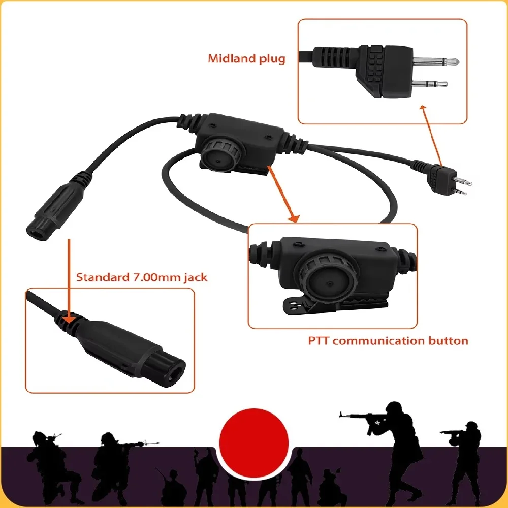 Tactical PTT RACPTT Midland Plug for PELTO MAS COMTA Airsoft Hunting HeadphoneTactical Headset Adapter U94 PTT Military