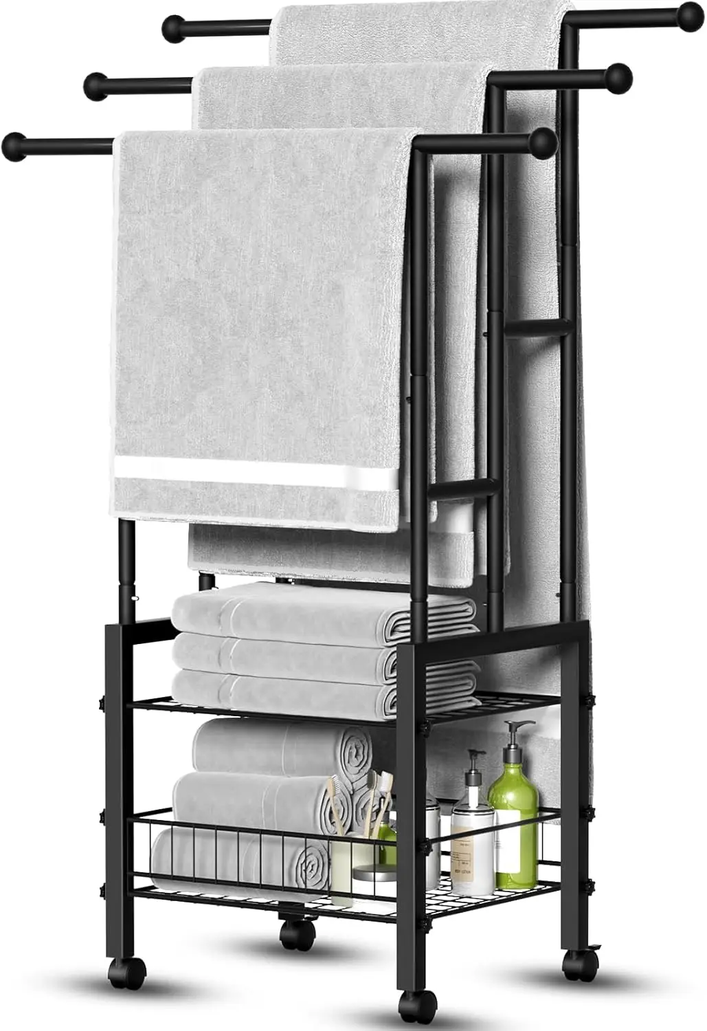 

Large 3-Tier Rolling Towel Rack with Shelf & Basket, Heavy-Duty Metal Storage for Bathroom or Pool Towels