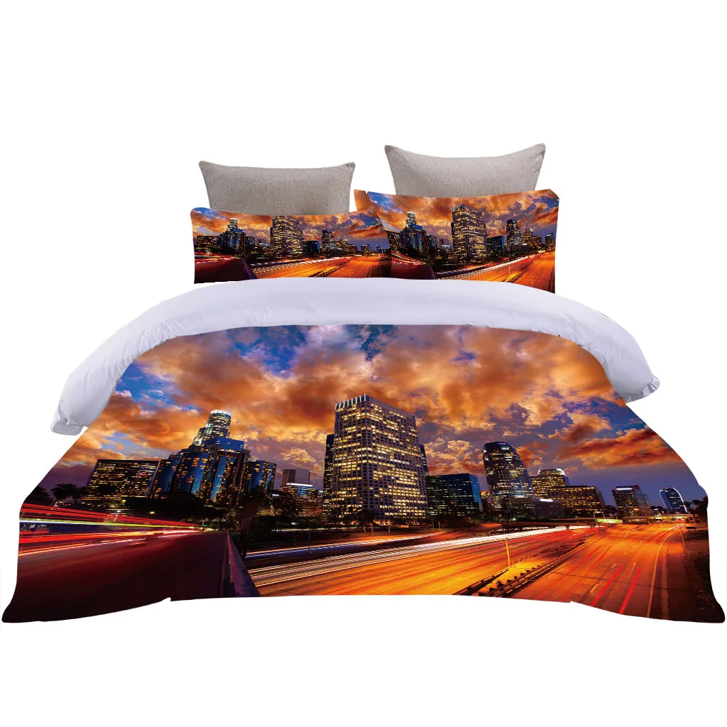 

HUANZHUANG 3D Twilight Cityscape King Size Set 3 Pieces Ultra Soft Microfiber with Zipper Closure Teens Kids Bedding Sets