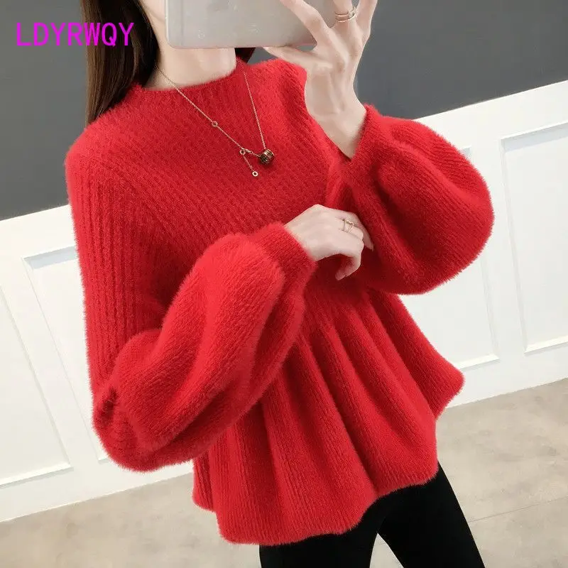 Sweater longgar wanita, Luaran musim semi baru 2023 bulu Mink kerah setengah tinggi Pullover lengan lentera tebal