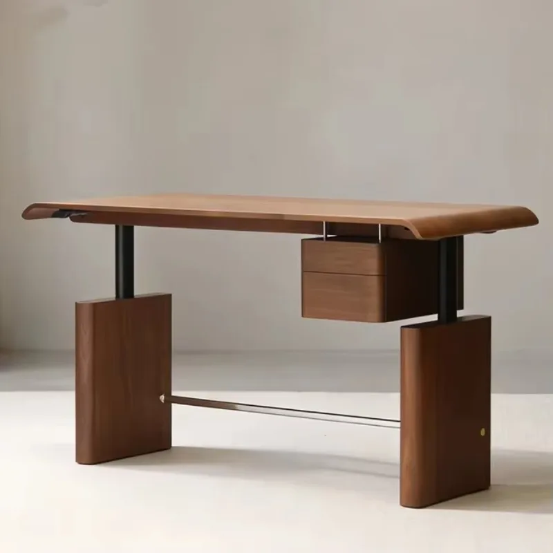 Light luxury modern solidwoodcomputer desk study simple black walnut electric lifting socket function rounded corner living room