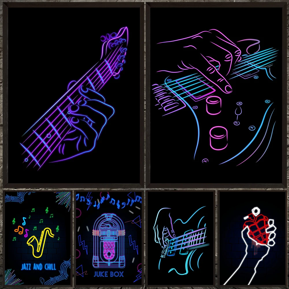 

Music Neon Lines Abstract Wall Art Canvas Painting,Bass Line,Guitar Line And Jukebox Art Poster Print,Gifts For Music Lovers