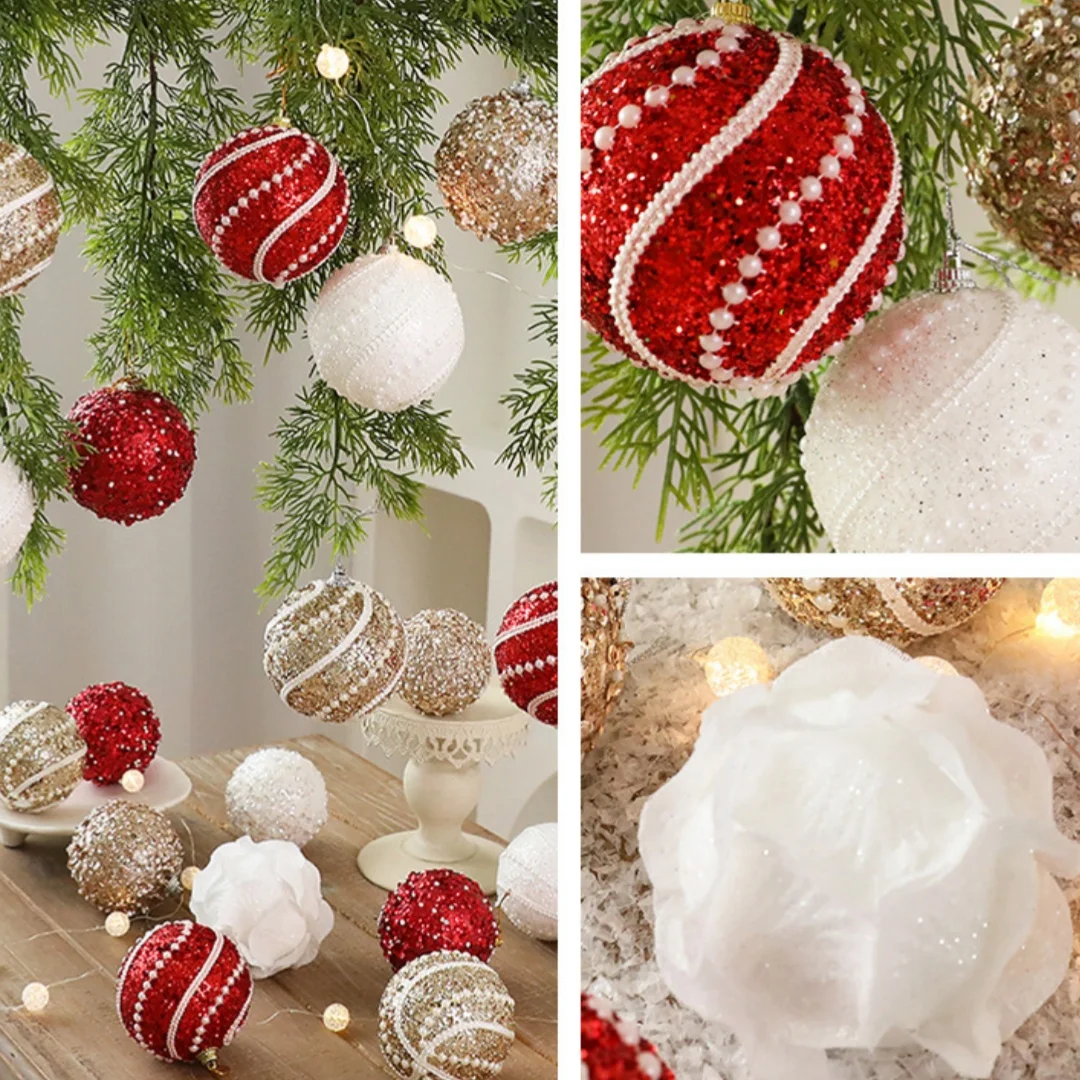 8 سنتيمتر عيد الميلاد الكرة ديكور الأبيض اللؤلؤ رغوة البتلة الكرة شجرة عيد الميلاد معلقة حلية الترتر كرات لامعة للعام الجديد احتفالي ديكور #2