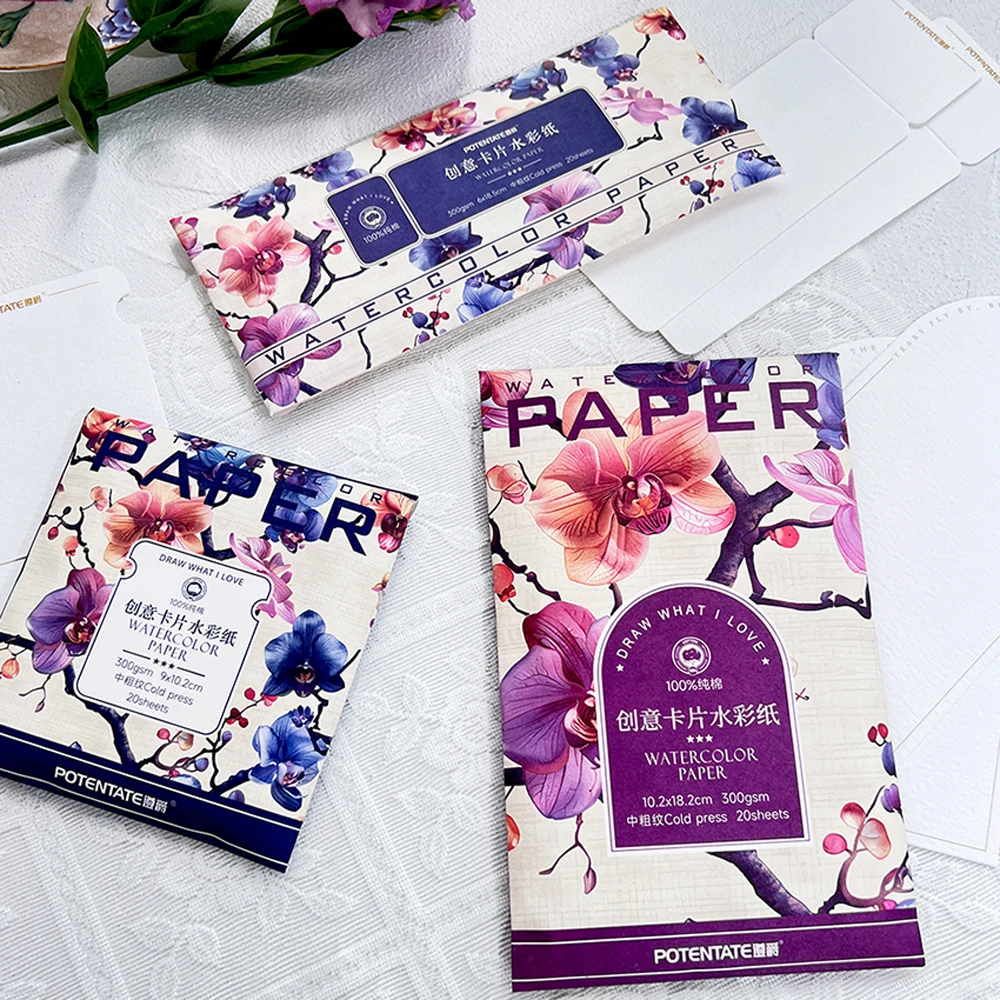 SeamiArt POTENTATE 20 قطعة ورق رسم بالألوان المائية ختم ورق رسم ذاتي الصنع 300 جرامًا للمتر المربع لب القطن بالضغط البارد للوازم الفنية