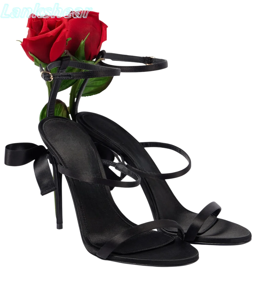 

Black Satin Red Rose Women Sandals Round Open Toe Ankle Strap Buckle Thin High Heels Sexy Women Stilettos Summer Dress Shoes New