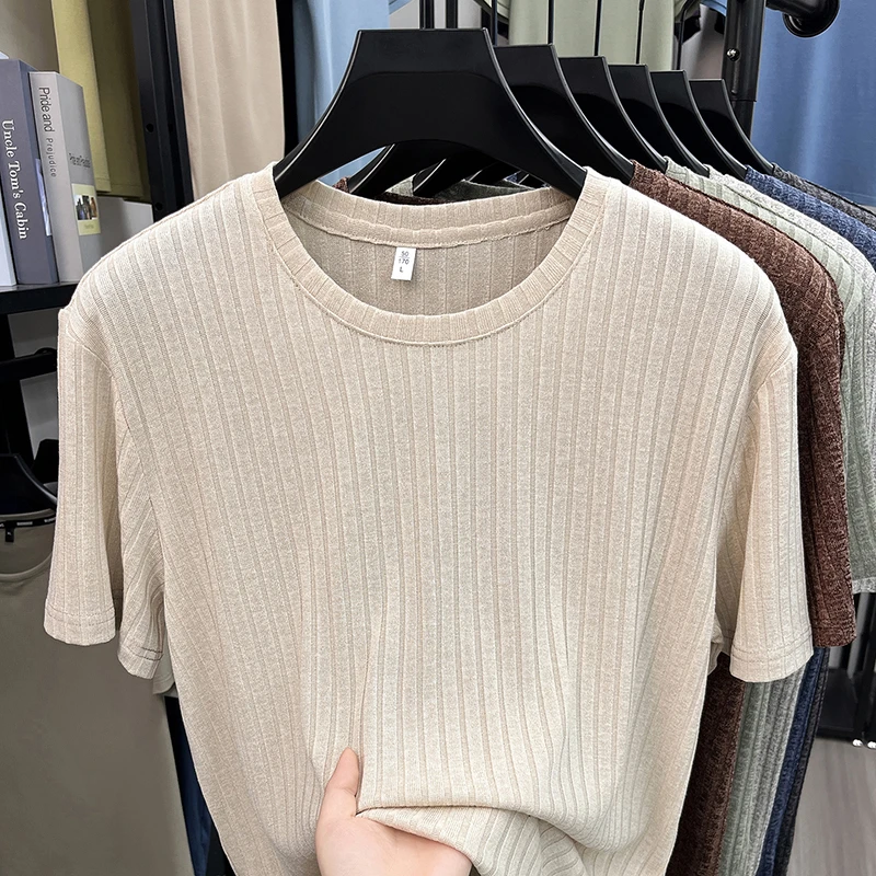 Herren Gestricktes Geripptes Gestreiftes T-Shirt Kurzarm O-Ausschnitt Atmungsaktiver Komfortabler Stoff Sommer Lässig Geschäftlich Tägliche Kleidung – Detail 10