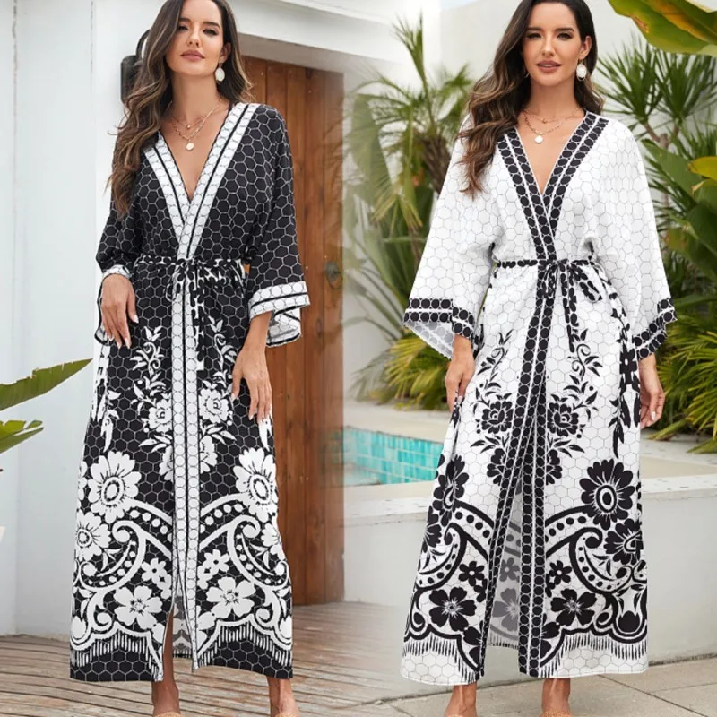 Women's Boho Beach Vacation Sunscreen Dress New Cardigan Kimono Loose Maxi Dresses For Women Swimsuit Outer Cover-up Robe Femme