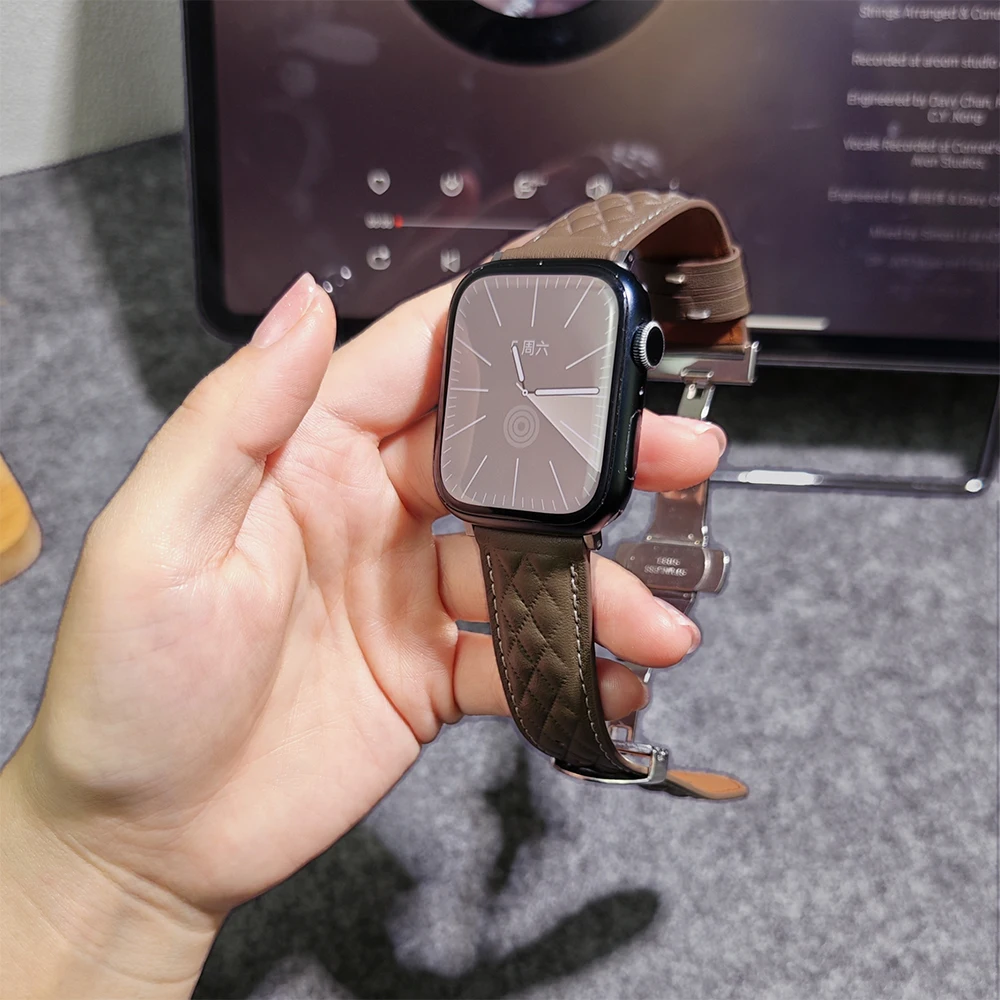 Cinturino in pelle da donna per Apple Watch 10 Band 42mm 46mm 45mm 44mm 40/41mm Bracciale a losanga sottile iWatch Series 9 8 SE 7 6 Cinturino