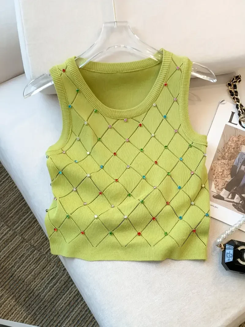 Women Sweater Colorful Rhinestone Knitted Tank Top  Casual Crew Neck Sleeveless Summer Tee  Short Diamond  Korean FashionCamis