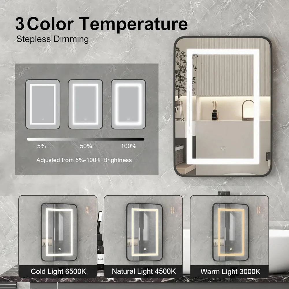 خزانة طبية مضيئة بإضاءة LED مع إضاءة 3 ألوان للحمامات