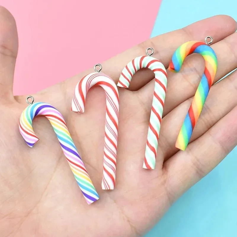10 Breloques Adorables en Pâte Polymère en Forme de Canne à Sucre de Noël, Accessoires de Bricolage pour Bijoux, Boucles d'Oreilles et Porte-clés
