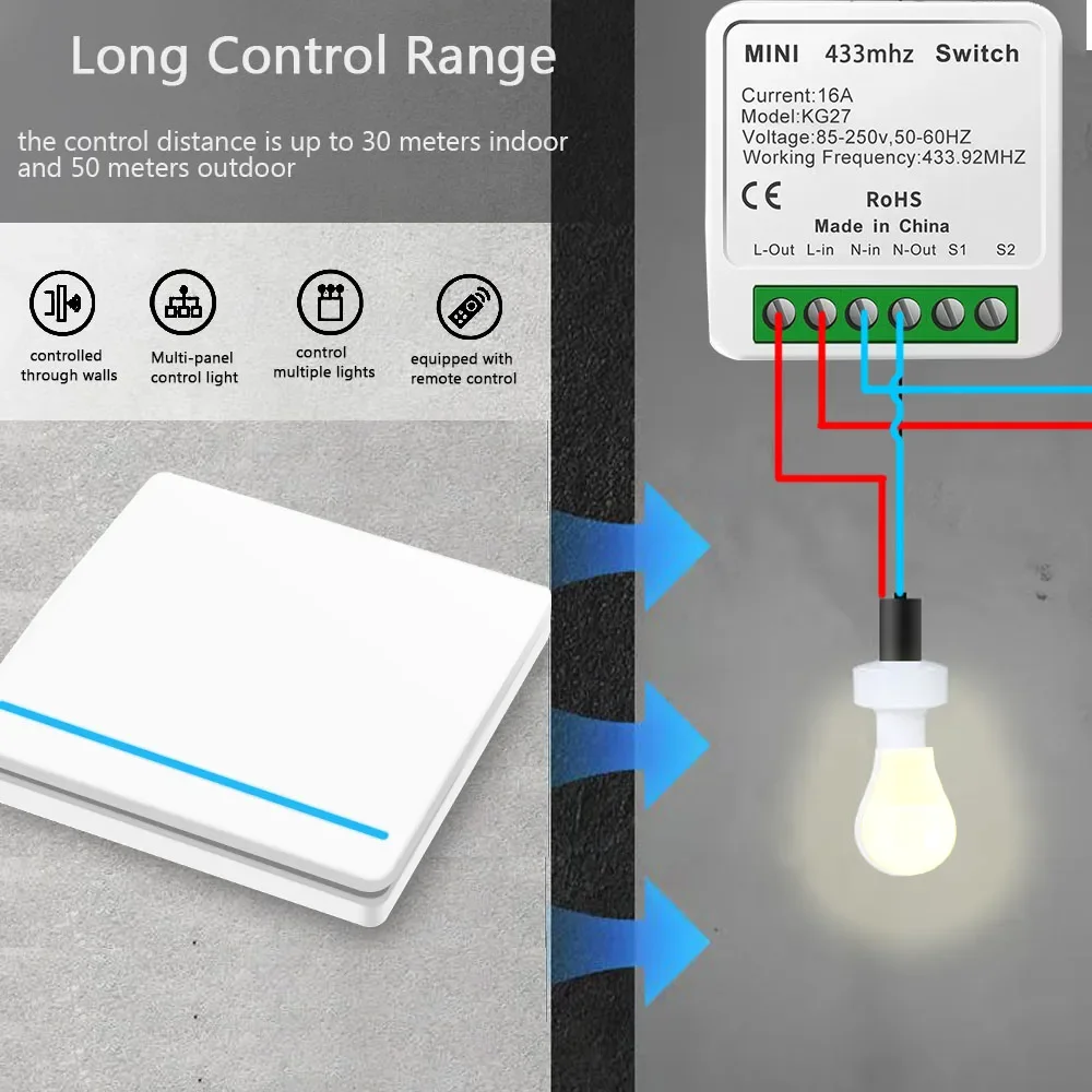 Wireless Push Button Switch 433mhz Rf Interruptor 16A 220V Mini Time Relay Support 2 Way Control,Smart Switch for Home Appliance