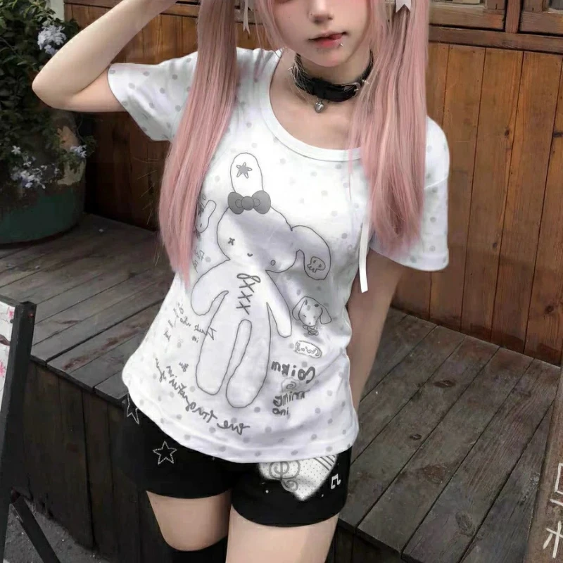 HOUZHOU Kawaii Blue Print Graphic T-Shirts Women White Sweet Vintage Polka Dot Short Sleeve Tees Y2k Aesthetic Japanese Fashion