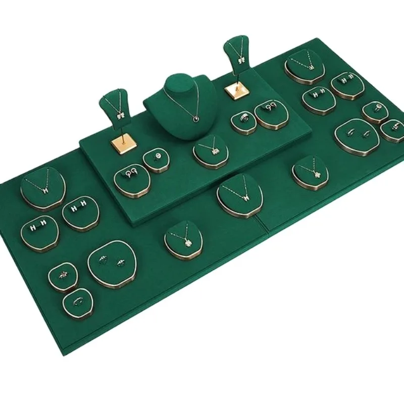 

High-Grade Green Metal Jewelry Display Stand Set Tray for Necklace Earrings Ring Storage and Window Packaging