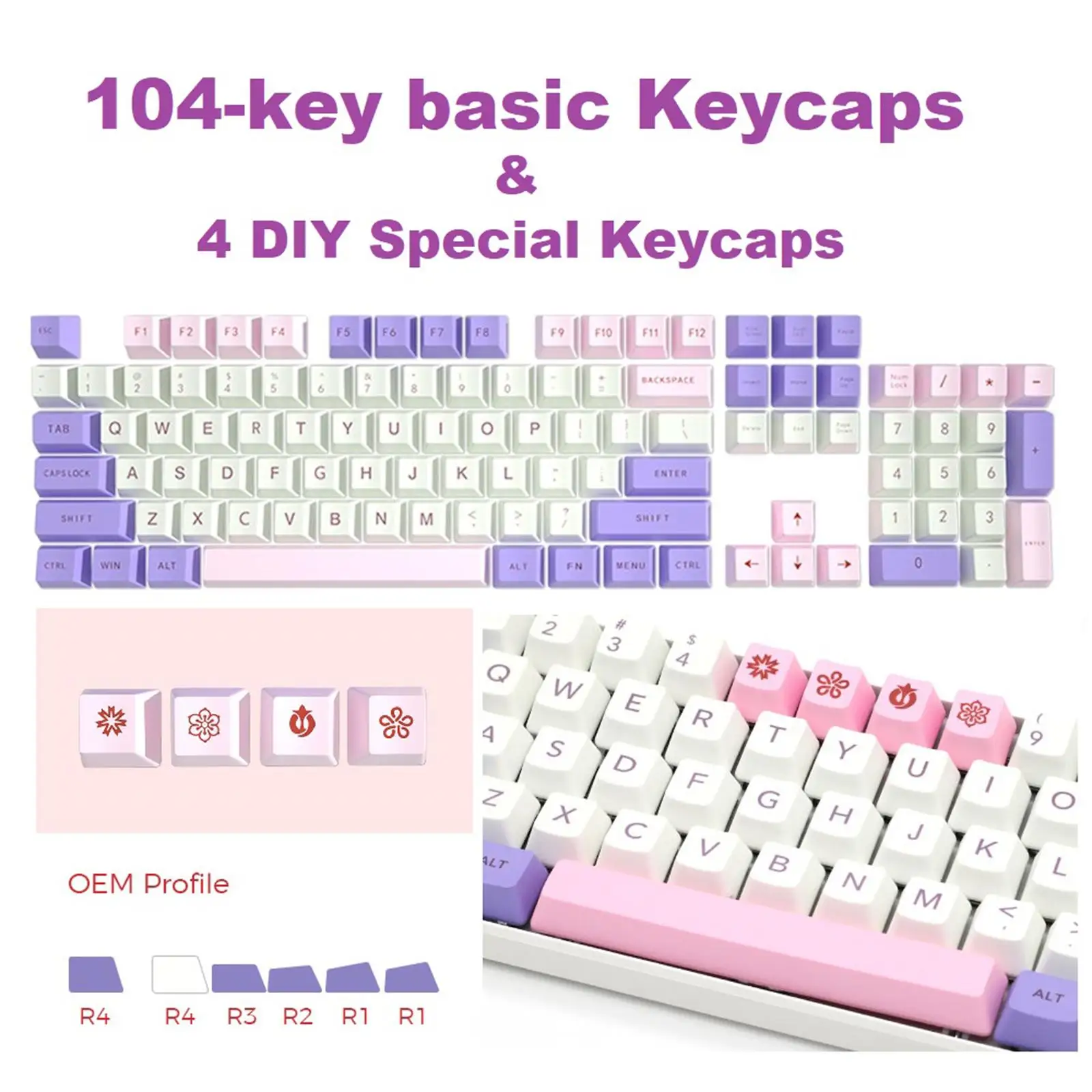 

108 Key PC Gaming Mechanical Switch Keyboard Keycaps PBT Keycaps Pink & Purple Dustproof Waterproof Home Supplies