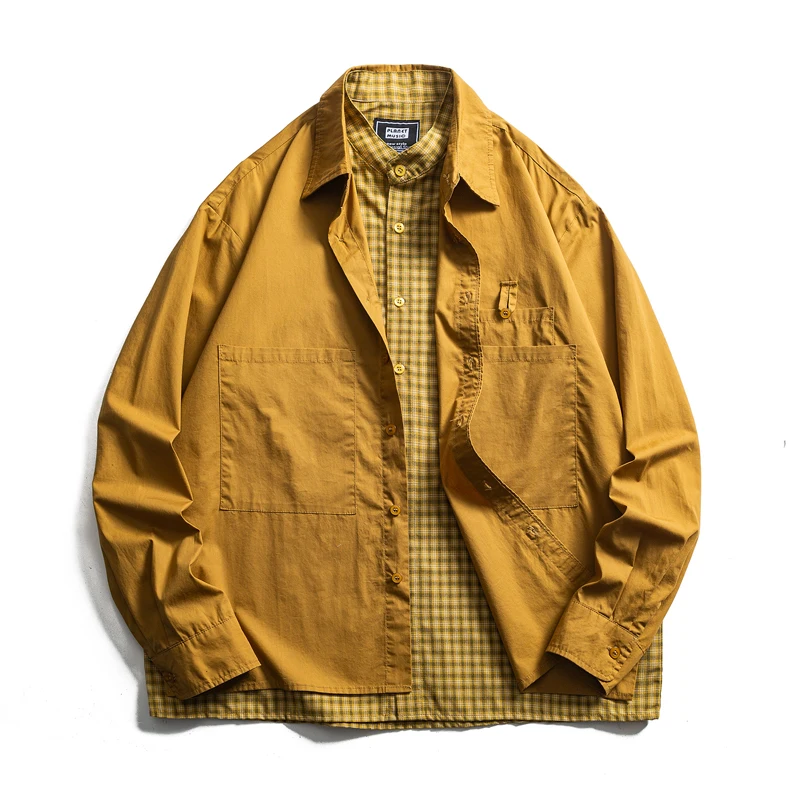 Double Layered Splice Plaid Shirt Men Streetwear Loose Casual Long Sleeve Oversize Cargo Shirts Cityboy Vintage Blouses