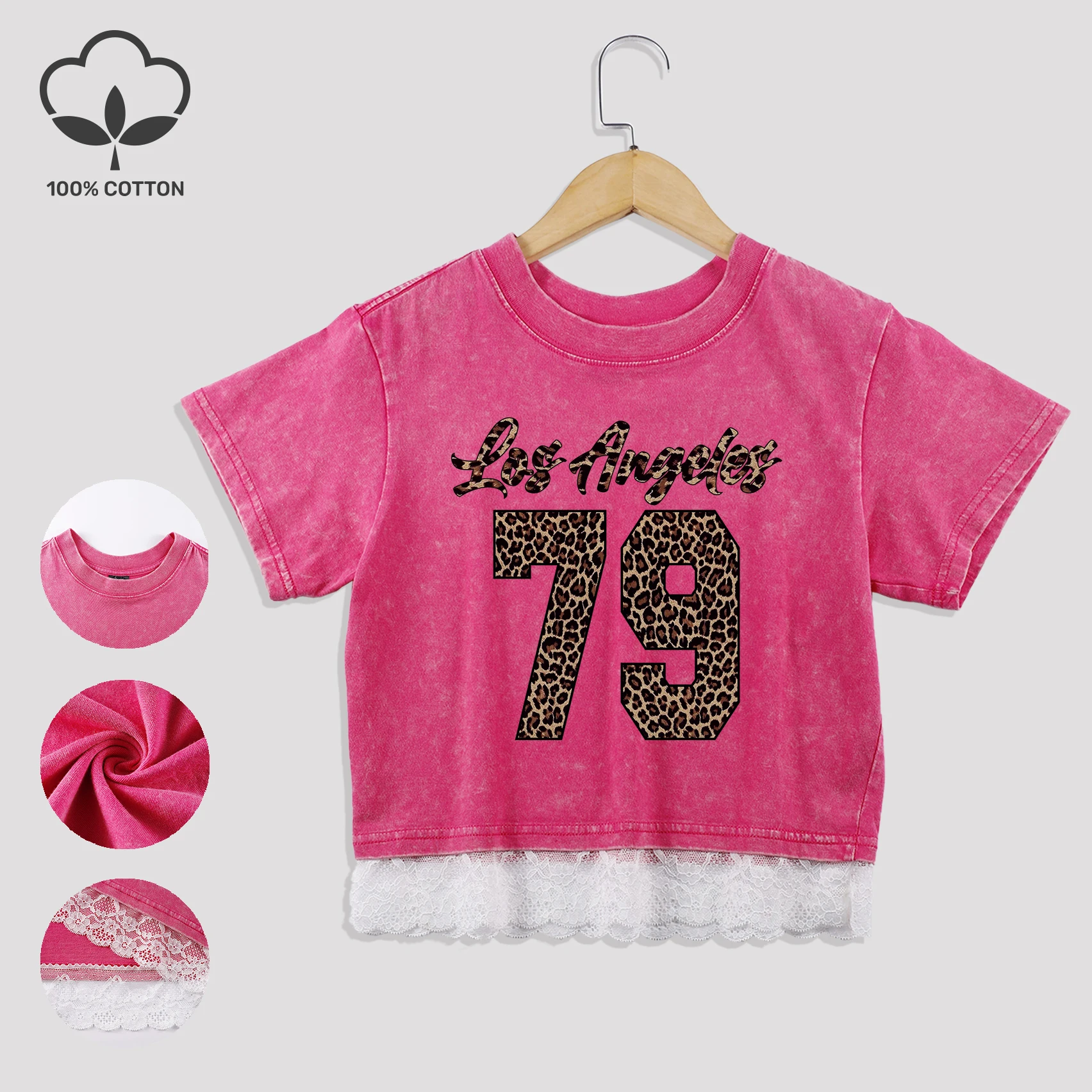 

Leopard Print Number 79 Prints Washed Crop T-Shirt Women Cotton Lace T-Shirt Soft Creative Splicing Tops Comfortable Trendy Tee