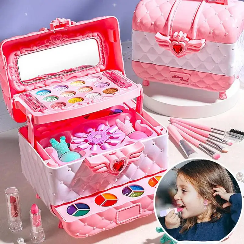 Kids Makeup Kit Little Girls Toys Real Cosmetic Washable Children's Cognitive Toys Dress-up Cosmetic Box Kid Friendly for