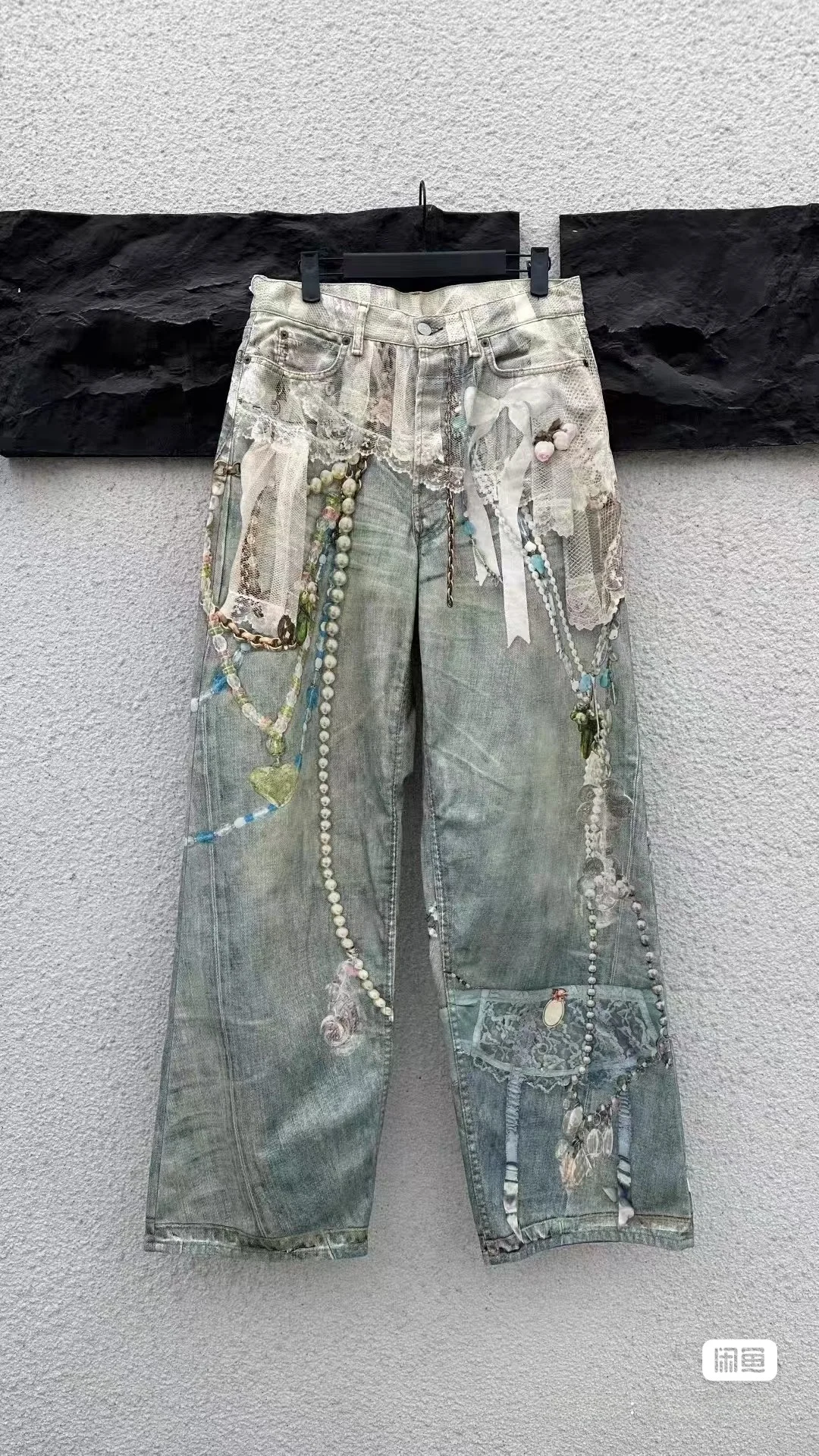 

American Sle 3D Printing High Street AC Sle Jeans Lace Pearl Print Loose Fit High Waist Long Pants Faion Urban Youth Ca...